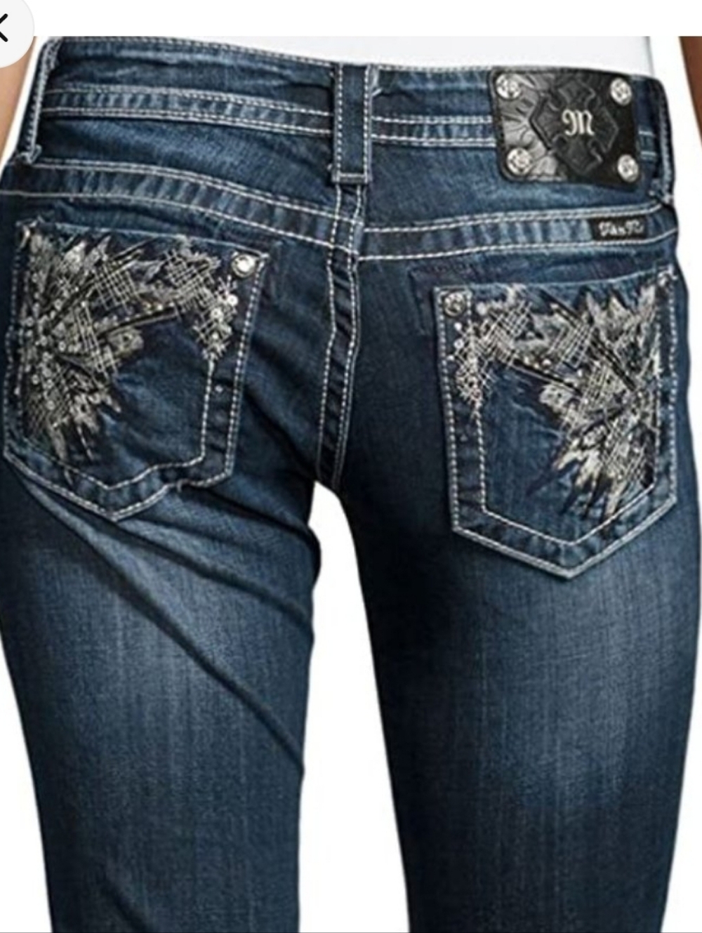 MISS ME JP5775B DARK WASH LOW RISE BOOTCUT RHINESTONE JEANS
